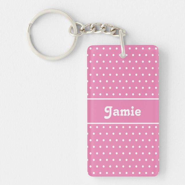 Classic Cute Chic Name Polka Dots Pink and White Keychain (Front)
