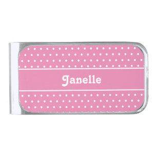 Classic Cute Chic Polka Dots Pink and White Name Silver Finish Money Clip