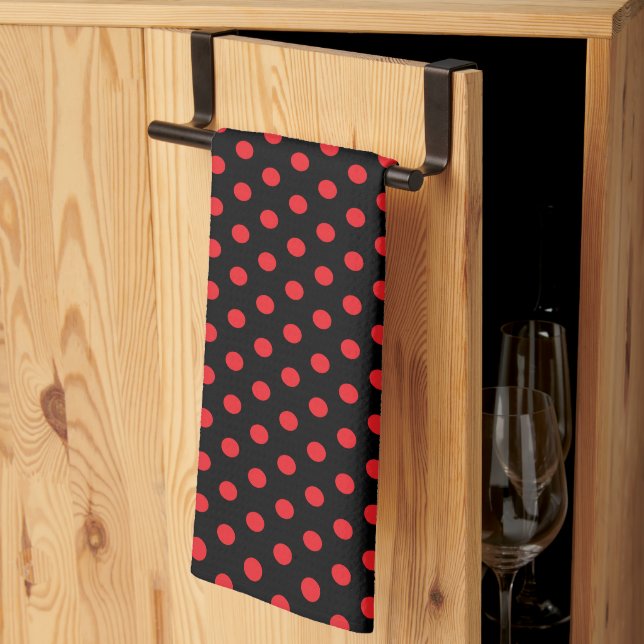 Classic Cute Chic Retro Red Polka Dots on Black Kitchen Towel (Thirds Fold)