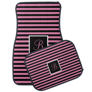 Classic Cute Custom Initial Pink and Black Striped Car Floor Mat