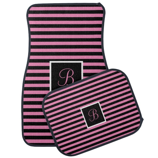 Classic Cute Custom Initial Pink and Black Striped Car Floor Mat (Set)