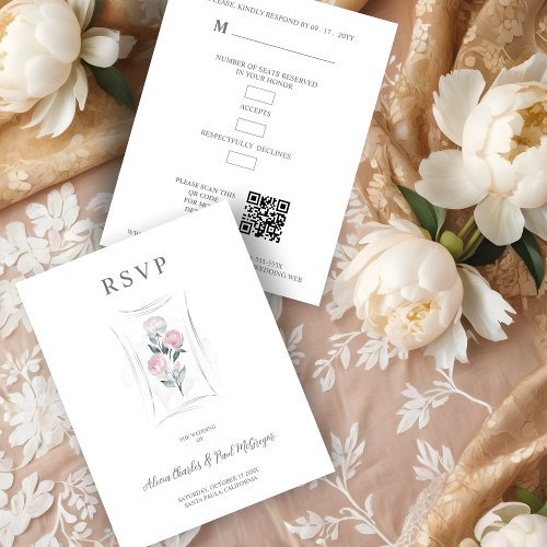 Classic Cute Floral Peonies Bunch in Gray  Pink RSVP Card