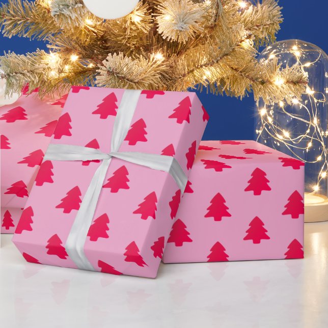 Classic Cute Hot Pink Christmas Trees on Pink Wrapping Paper (Holidays)