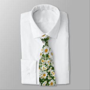 Classic daisy pattern white floral fields greenery neck tie