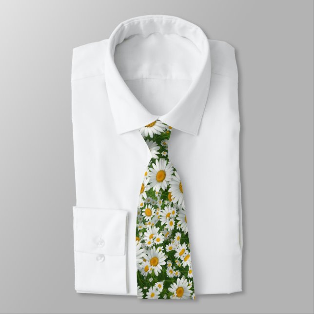 Classic daisy pattern white floral fields greenery neck tie (Tied)