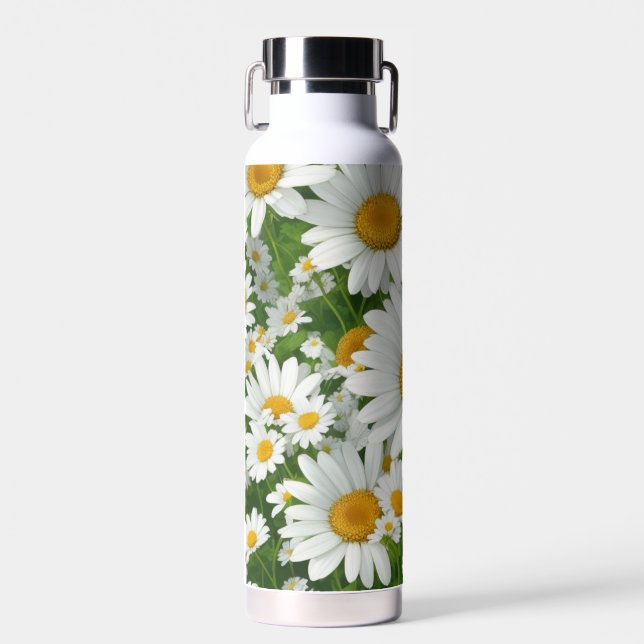Classic daisy pattern white floral fields greenery water bottle (Front)