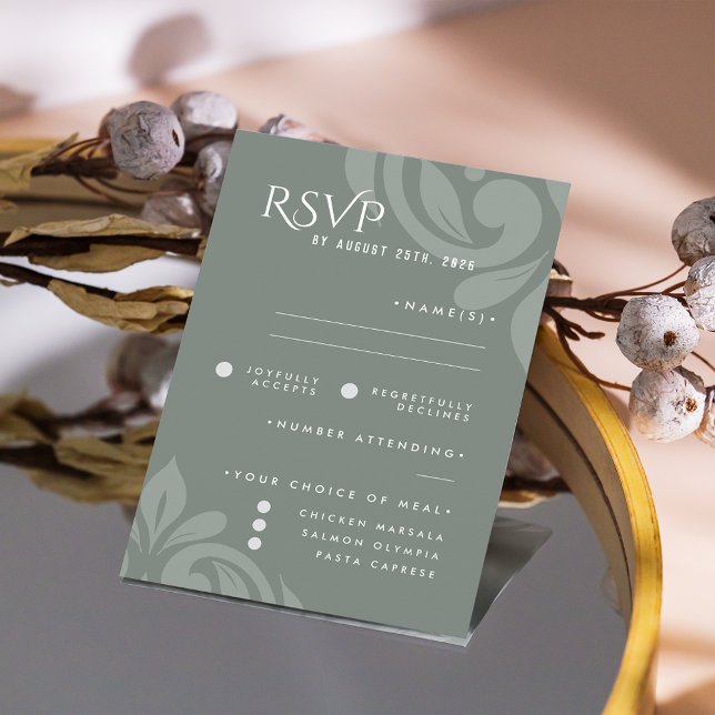 Classic Damask Earthy Sage Photo Wedding RSVP (Creator Uploaded)