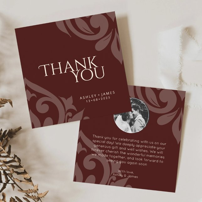 Classic Damask Elegant Mahogany Red Photo Wedding  Thank You Card (Creator Uploaded)