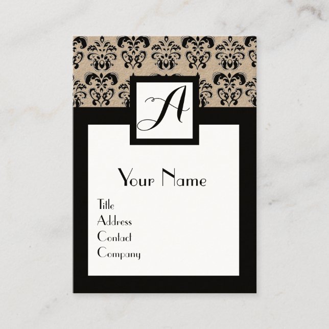 CLASSIC DAMASK FLORAL SQUARE MONOGRAM Kraft Paper Business Card (Front)
