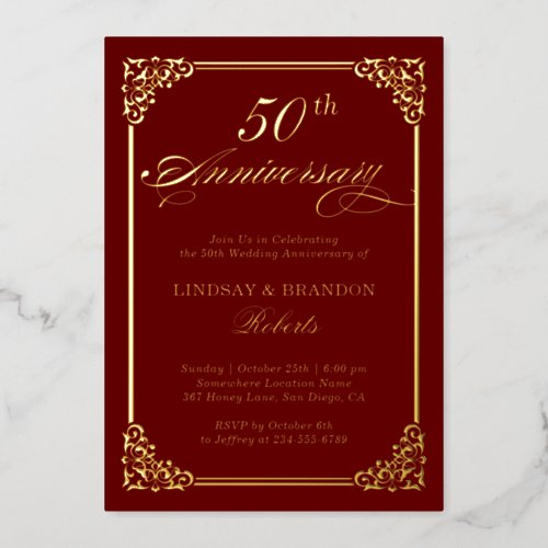 Classic Damask Frame Red Gold Wedding Anniversary Foil Invitation