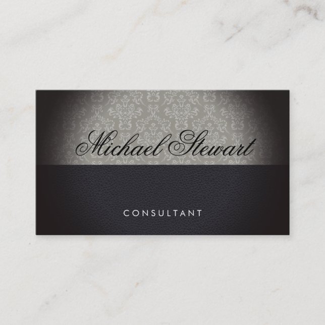 Classic Damask Pattern Black Leather Business Card (Front)