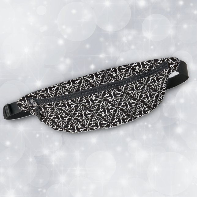 Classic Damask pattern in Black White With Scrolls Fanny Pack (Classic damask pattern in black and white with fancy scrolls on fanny pack.)