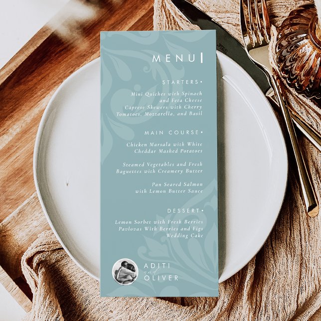 Classic Damask Pewter Blue Photo Wedding Flat Menu (Creator Uploaded)