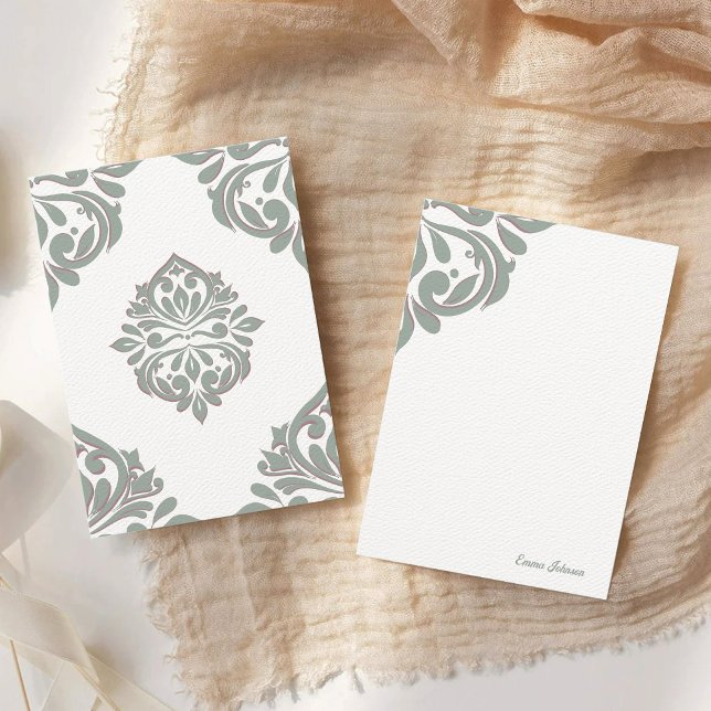 Classic Damask Regency Aesthetic Sage and Pink Note Card (Creator Uploaded)