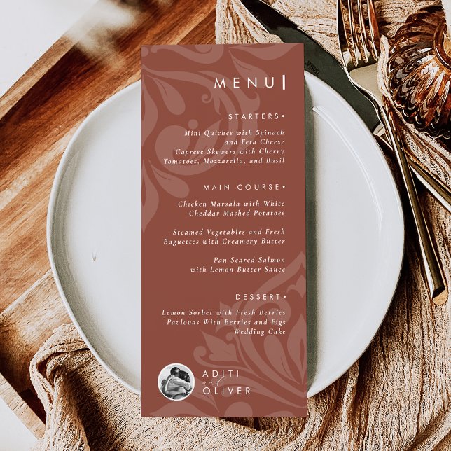 Classic Damask Sienna Photo Wedding Flat Menu (Creator Uploaded)