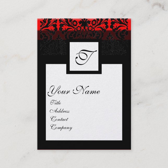 CLASSIC DAMASK SQUARE MONOGRAM black white pearl Business Card (Front)
