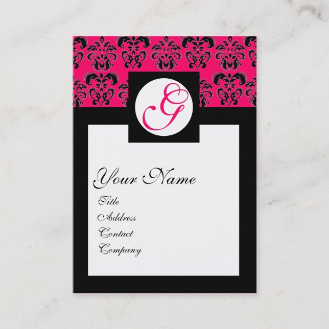 CLASSIC DAMASK SQUARE MONOGRAM ,pink fuchsia Business Card (Front)