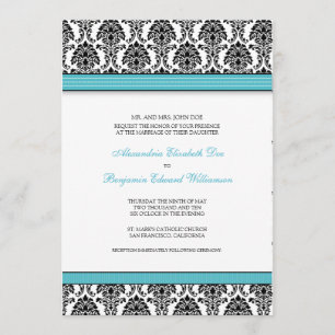 Classic Damask Wedding Invitation (aqua ribbons)