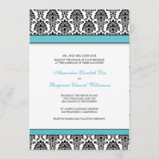 Classic Damask Wedding Invitation (aqua ribbons)