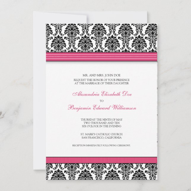 Classic Damask Wedding Invitation (fuchsia ribbon) (Front)