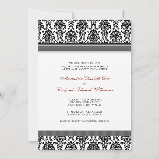 Classic Damask Wedding Invitation (grey ribbons) (Front)