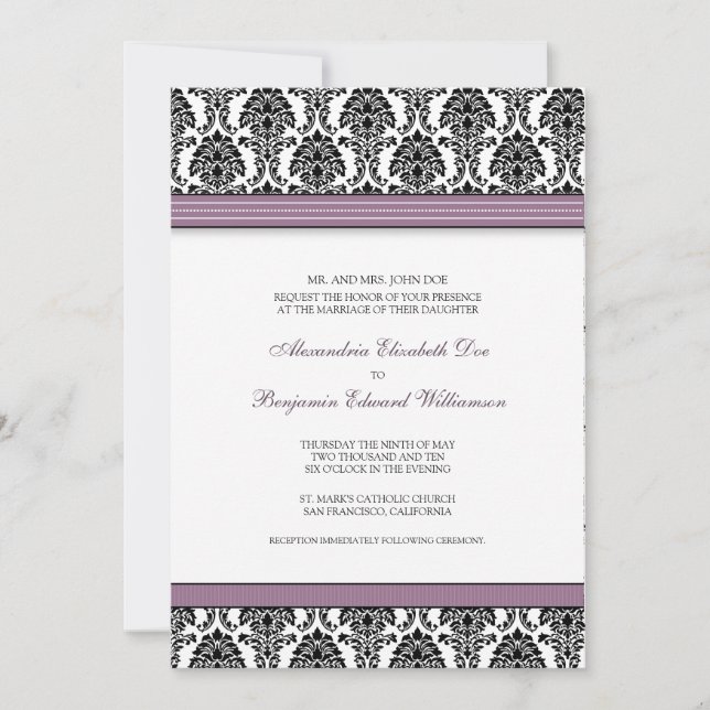 Classic Damask Wedding Invitation (lilac ribbons) (Front)