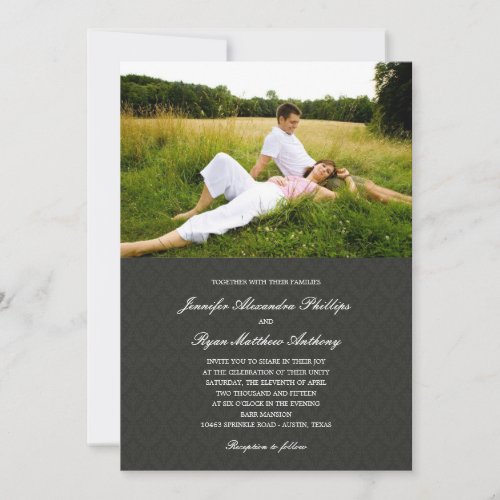 Classic Damask Wedding Photo Invitations - Black