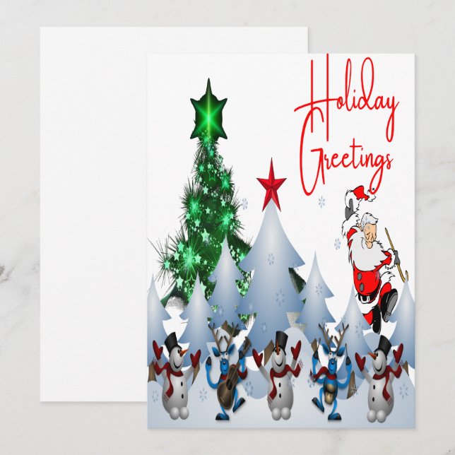 Classic Dancing Santa and Reindeer Holiday Card (Front/Back)