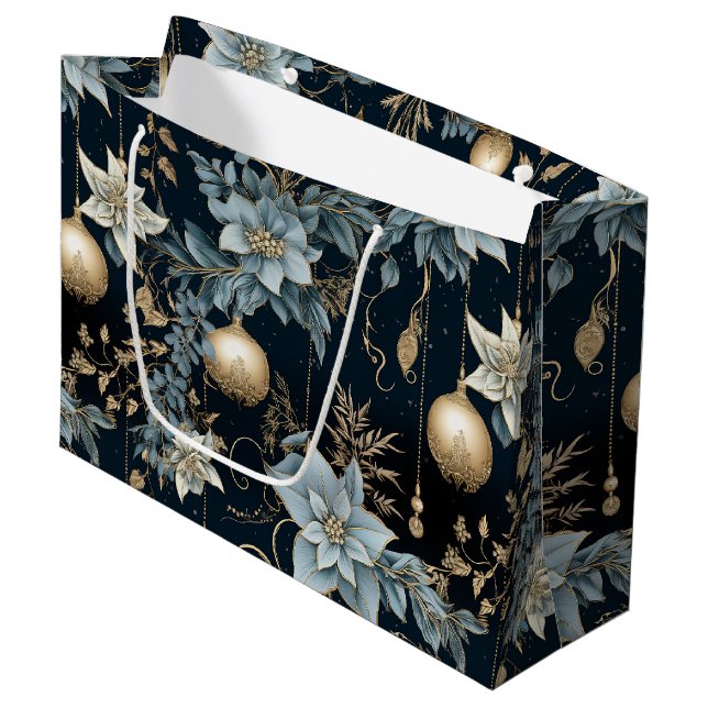 Classic Dark Blue and Gold Ornaments Pattern Large Gift Bag (Front Angled)