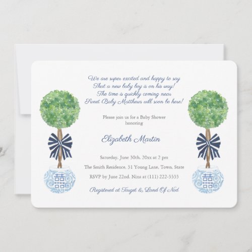 Classic Dark Blue And White Boy Baby Shower Party Invitation