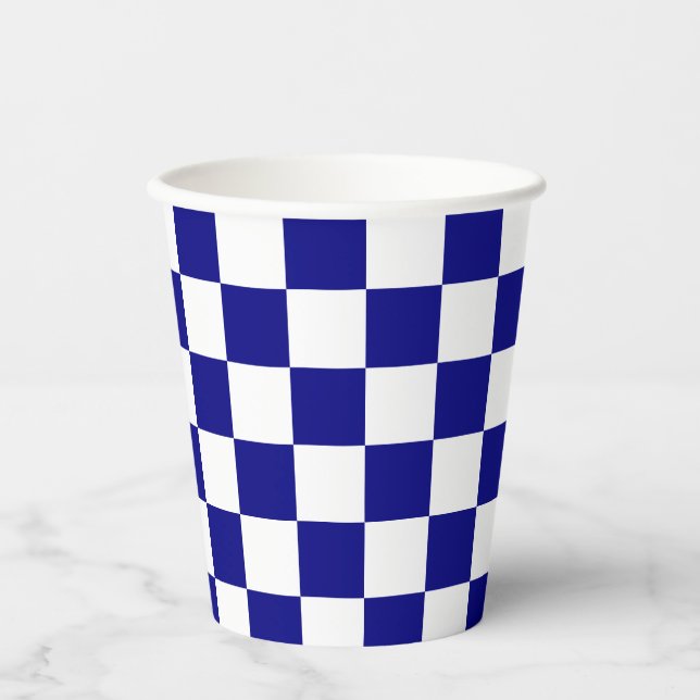Classic Dark Blue and White Checkerboard Pattern Paper Cups (Front)