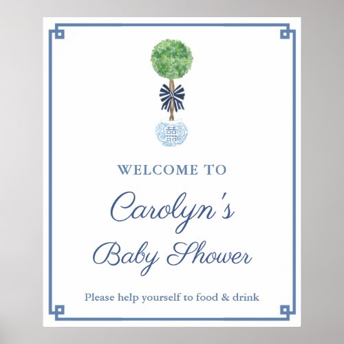 Classic Dark Blue Boy Baby Shower Party Welcome Poster - Handpainted in watercolor boxwood ball topiary in a ginger jar planter decorate this party welcome sign design. Shown here for a Wedding Shower but all of the text can be customized to your needs. You can change all text colors and also the color of the border. To get started on this, click the blue "Edit Design" button to the right of the sample invitation. 