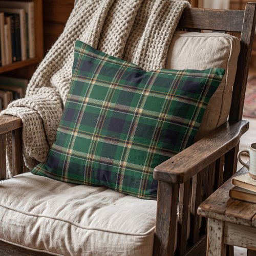 Classic Dark Blue Green Yellow Ivory Plaid Pattern Throw Pillow