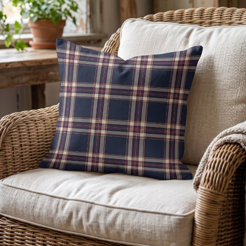 Classic Dark Blue Ivory Cream Red Plaid Pattern Throw Pillow