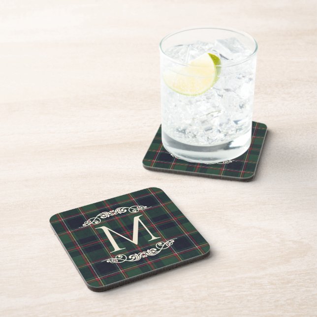 Classic Dark Blue Red Green Plaid Pattern Beverage Coaster (Right Side)