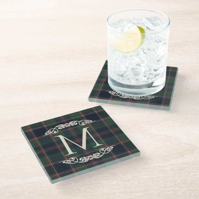 Classic Dark Blue Red Green Plaid Pattern Glass Coaster (Angled)