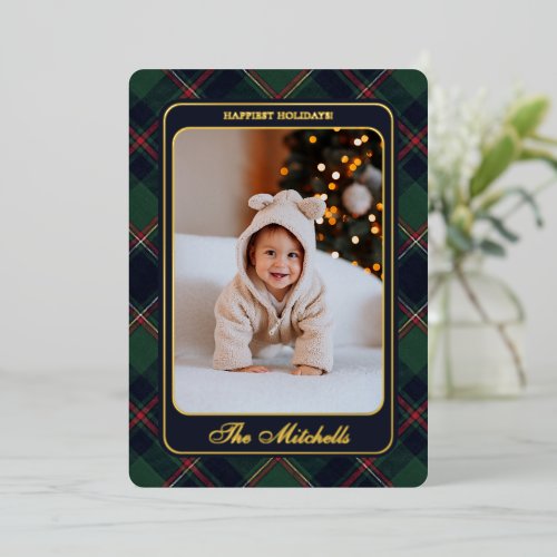 Classic Dark Blue Red Green Plaid Pattern Gold Foil Holiday Card