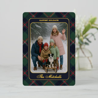 Classic Dark Blue Red Green Plaid Pattern Gold Foil Holiday Card