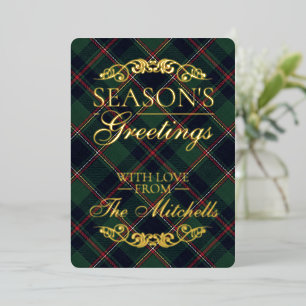 Classic Dark Blue Red Green Plaid Pattern Gold Foil Holiday Card