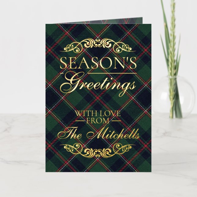 Classic Dark Blue Red Green Plaid Pattern Gold Foil Holiday Card (Front)