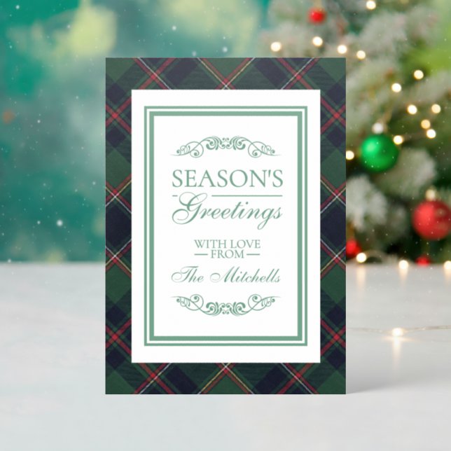 Classic Dark Blue Red Green Plaid Pattern Letterpress Photo Cards (Front (Into))