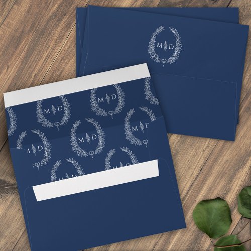 Classic dark blue white monogram wreath wedding  envelope