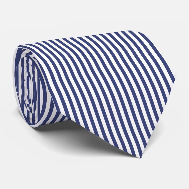 Classic Dark Blue White Vertical Stripes Pattern Neck Tie (Rolled)