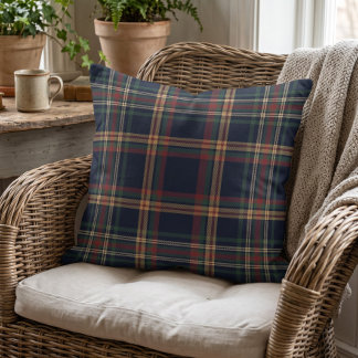 Classic Dark Blue Yellow Red Green Plaid Pattern Throw Pillow