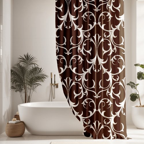 Classic Dark Brown  White Damask Floral Shower Curtain