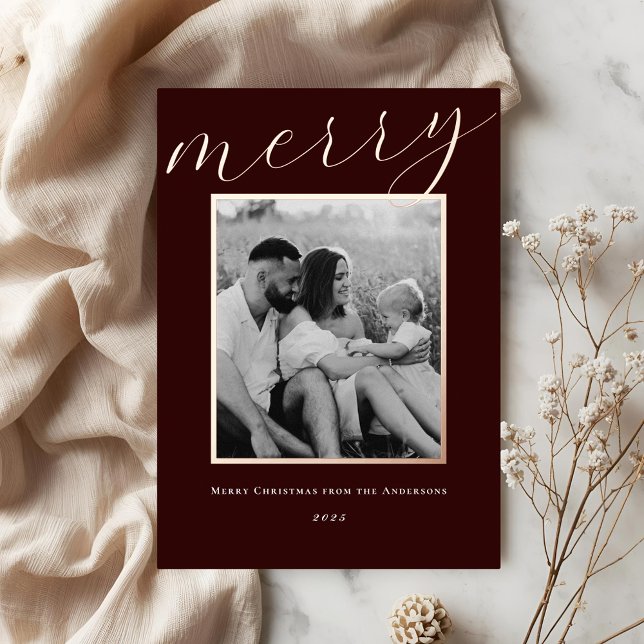 Classic Dark Burgundy and Gold Frame Family Photo Foil Holiday Card (Creator Uploaded)