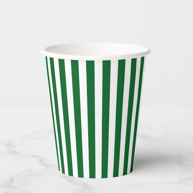 Classic Dark Forest Green & White Vertical Striped Paper Cups (Front)