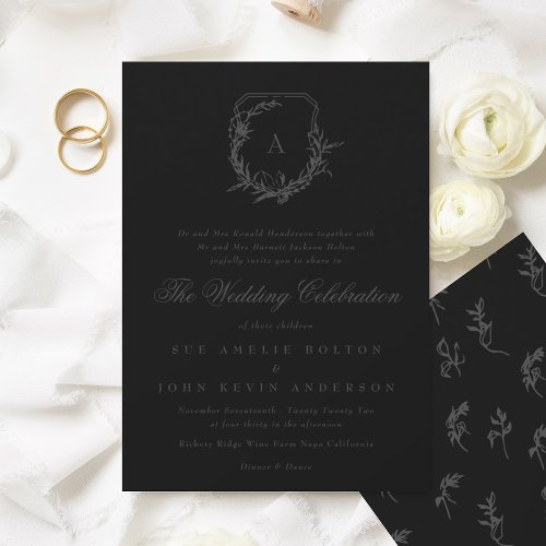 classic dark gray black monogram wedding crest invitation