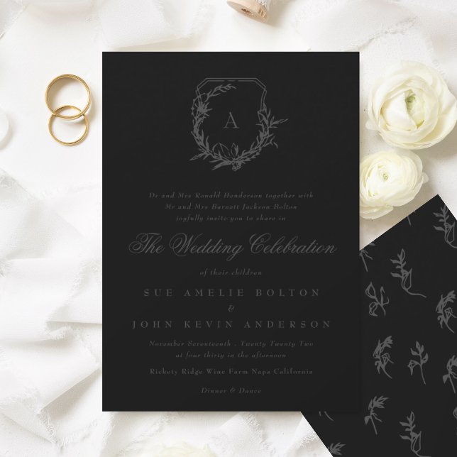 classic dark gray black monogram wedding crest invitation (Creator Uploaded)