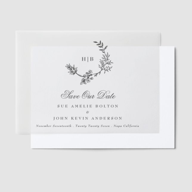 Classic Dark Gray Monogram Wreath Save The Date Vellum Invitations (Offset)